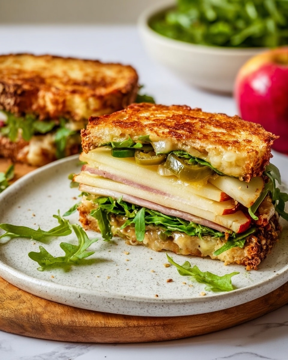 A sandwich cut in half sits on a white speckled plate on a wooden board, placed on a white marbled surface. The sandwich has four layers: a top layer of crispy golden-brown toasted bread with melted cheese, followed by slices of green jalapeños. Below that is a fresh layer of green arugula leaves, then thin slices of white apple and a layer of thinly sliced meat. The bottom layer is the toasted bread with a spread of grainy mustard. There are some jalapeño slices and arugula leaves scattered on the plate. In the background is a bowl filled with arugula and a red apple. Photo taken with an iphone --ar 4:5 --v 7
