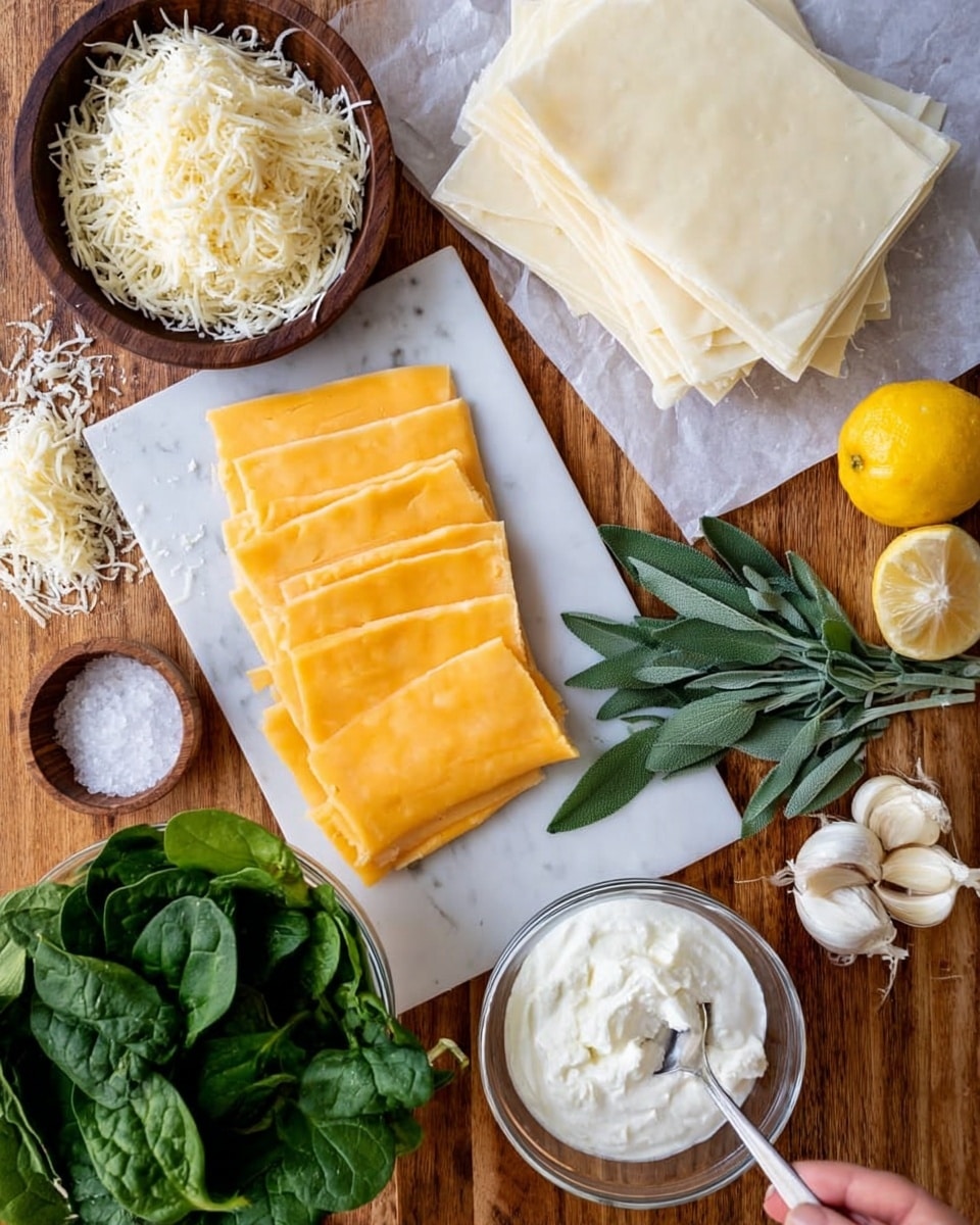 The image shows a wooden surface with several layers and items arranged for cooking. In the top left corner, there is a small dark wooden bowl filled with light shredded white cheese with some cheese strands scattered nearby. On the left side, a stack of bright orange yellow cheese slices rests on a white rectangular board placed on the wood. To the right of the cheese slices, fresh green sage leaves are laid out. At the top right, a stack of uncooked white pasta sheets lies flat and slightly overlapping. Below the pasta sheets, a clear glass bowl holds a white creamy cheese with a spoon inside it. Toward the bottom center, a white bowl filled with fresh dark green spinach leaves is placed. Around the main items, a few small white peeled garlic cloves, a halved lemon and a lemon wedge, a small brown bowl with coarse salt, and a small jug with white cream or milk add extra details. The surface is a wooden table, but the background and surface should be a white marbled texture. Photo taken with an iphone --ar 4:5 --v 7