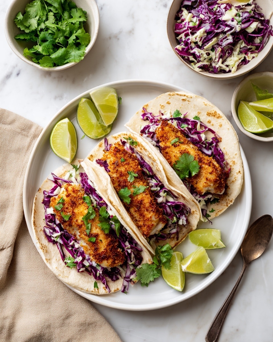 Three soft white tortillas are placed on a white plate. Each tortilla holds a layer of crispy golden-brown fish topped with a mix of purple and white cabbage slaw with bits of green herbs. Bright green cilantro leaves are scattered on top and around the tortillas. Lime wedges are arranged on the plate’s edge and on the tortillas. A small white bowl of extra slaw with a spoon is nearby, along with two other small white bowls—one holding lime wedges and the other fresh cilantro leaves. The scene is on a white marbled surface with a beige cloth in one corner. Photo taken with an iphone --ar 4:5 --v 7