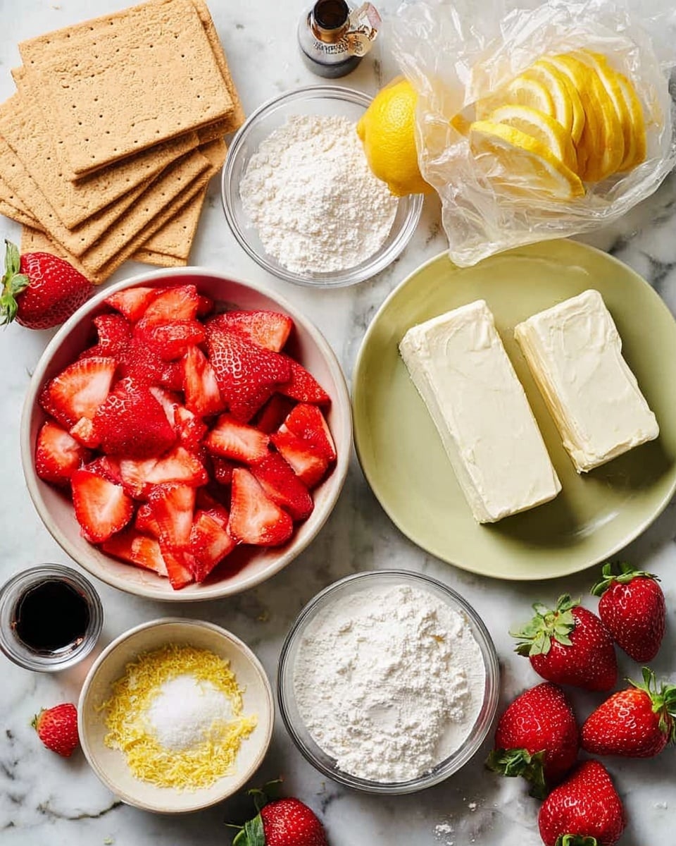 The image shows various baking ingredients arranged neatly on a white marbled surface. In the center, there is a bowl filled with red sliced strawberries. Around it, smaller bowls and dishes contain white powdered sugar, yellow lemon zest, white granulated sugar, and a white creamy mixture. There is a pale green plate holding two blocks of white cream cheese. A clear glass dish on the right side holds three sticks of yellow butter. Near the top, a halved lemon with the yellow zest peeler on top is visible. A clear plastic bag contains light brown rectangular crackers. Loose fresh strawberries and a small bottle of dark vanilla extract are scattered around the bowls and plates. The overall arrangement is colorful with red, white, yellow, and green elements. Photo taken with an iphone --ar 4:5 --v 7