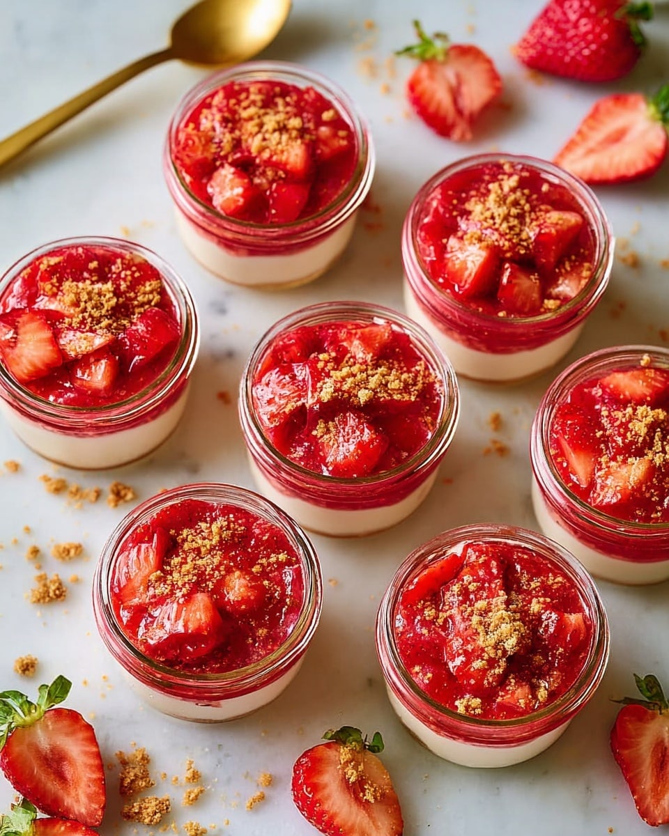 The image shows six small glass jars filled with a dessert, each having two clear layers. The bottom layer is a smooth, creamy white base that fills about half the jar, and the top layer is a bright red mix of sliced and crushed strawberries with a slightly shiny, moist texture, sprinkled with light brown crumbs on top. The jars are placed on a white marbled surface scattered with a few whole and halved fresh strawberries and crumbs. A gold spoon is partly visible on the upper left side of the image. The overall scene is bright and fresh with a simple and clean composition. Photo taken with an iphone --ar 4:5 --v 7