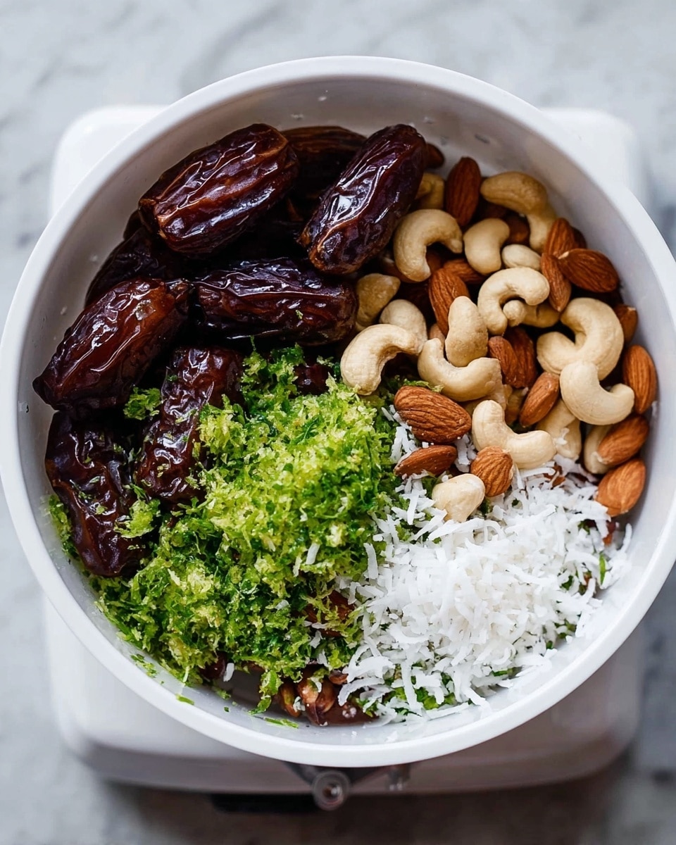 A white food processor bowl sits on a white marbled surface, filled with several distinct layers of ingredients. On the left side, there is a layer of shiny dark brown dates, thick and plump. To the right, a small pile of roasted almonds has a smooth light brown color. Above the dates, golden brown cashews are scattered, adding a curved texture. Shredded bright green lime zest is piled in the center, covering part of the other ingredients. White coconut flakes with a rough, irregular texture fill the bottom right section, contrasting with the darker nuts. The layers are clearly separated, showing a colorful mix of natural, raw ingredients. Photo taken with an iphone --ar 4:5 --v 7