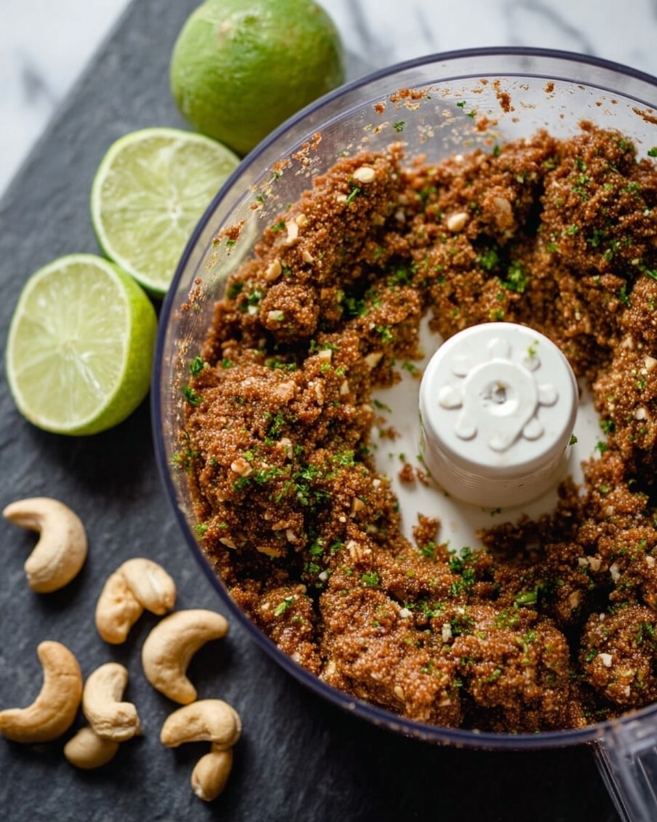 The image shows a clear food processor bowl filled with a brown, coarse mixture that clumps together around the central white blade holder. The mixture has visible small pieces of nuts and green herb bits scattered throughout with a rough yet sticky texture. Next to the bowl on a dark surface are two squeezed lime halves and two whole cashew nuts. The background is changed to a white marbled texture. photo taken with an iphone --ar 4:5 --v 7