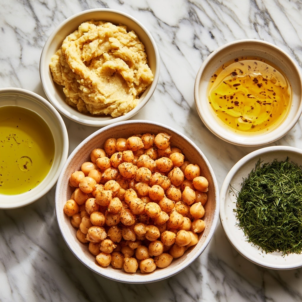 A white bowl filled with golden-brown roasted chickpeas sprinkled with green dried herbs. On top of the chickpeas is a ridged, bright green pickle slice with small bits of herbs on it. Around the bowl on a white marbled surface are several more golden roasted chickpeas and multiple ridged green pickle slices scattered randomly. The image focuses closely on the bowl's top view, showing the texture of the chickpeas and pickles clearly. photo taken with an iphone --ar 4:5 --v 7