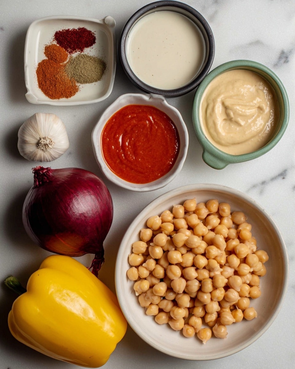 The image shows a flat lay of ingredients on a white marbled surface. There is a large white bowl filled with light tan chickpeas positioned in the lower right corner. Above it is a medium white bowl containing a creamy light beige sauce. To the top left of this bowl, there is a small white dish holding two different spices, one red and one brown. Adjacent to this dish is a smaller black bowl with a thick white sauce. To the top right is a small white bowl filled with a smooth red sauce. Below the small dishes lie a whole dark red onion, a bright yellow lemon, and a large yellow bell pepper. A small piece of garlic can be seen near the bowls. photo taken with an iphone --ar 4:5 --v 7