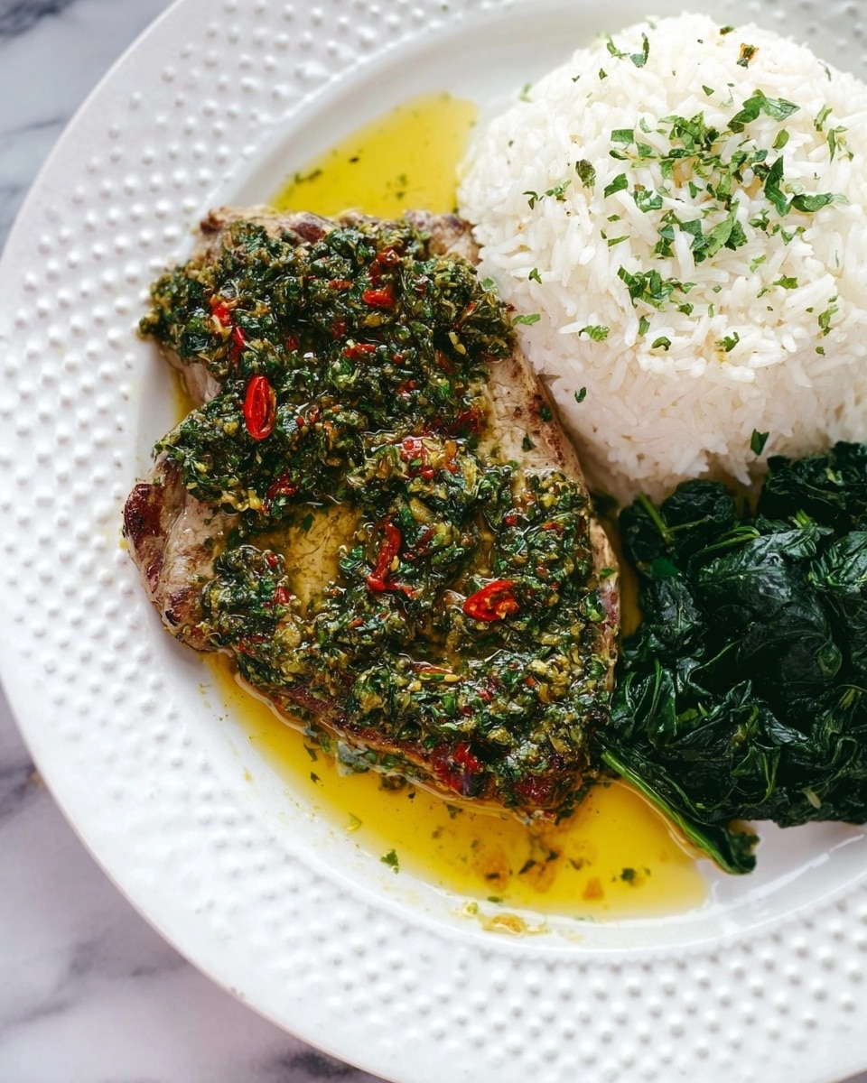 A close-up view of a thick, white fish steak on a white plate. The fish has soft, flaky layers visible, with a green herb sauce spread evenly on top, speckled with small bits of red and light yellow. In the bottom corner, there is a dark green leafy vegetable slightly out of focus. The plate sits on a white marbled surface, with a small pool of light yellow liquid around the fish. Photo taken with an iphone --ar 4:5 --v 7