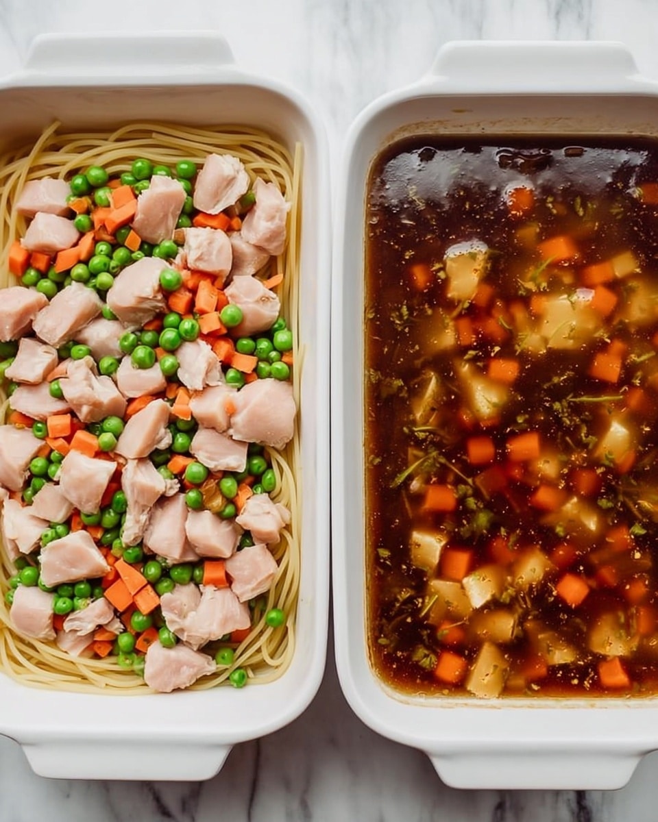 The image shows two white rectangular baking dishes side by side on a white marbled surface. The dish on the left contains three layers: the bottom layer is thin uncooked spaghetti pasta arranged flat, next is a layer of small, light pink raw chicken pieces scattered evenly, mixed with small bright green peas and thin orange carrot sticks. The dish on the right shows the same ingredients but covered with a dark brown broth that almost fills the dish, partially submerging the chicken, peas, and carrots, with the pasta mostly hidden underneath the liquid. Photo taken with an iphone --ar 4:5 --v 7