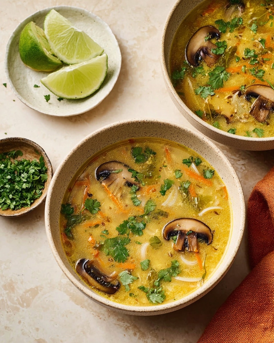 Two beige bowls of soup sit on a white marbled surface. Each bowl contains a yellow broth with visible layers: orange carrot strips, thin white vegetable slices, large light brown mushroom slices with dark centers, and green cilantro leaves sprinkled on top. The soup has a slightly creamy texture with small bits floating throughout. Near one bowl is a white dish with lined green lime wedges. A small bowl with chopped green herbs and an orange cloth napkin complete the scene. Photo taken with an iphone --ar 4:5 --v 7