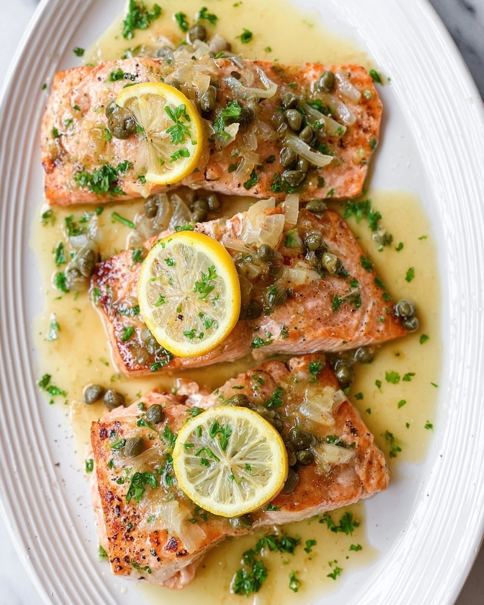 Three cooked salmon fillets lie on a white plate with a ridged edge, each fillet topped with a light yellow lemon slice, translucent sautéed onions, small green capers, and finely chopped green parsley. The salmon has a lightly browned, textured surface, and a pale yellow buttery sauce pools gently around and on top of the fillets. The plate rests on a white marbled surface. photo taken with an iphone --ar 4:5 --v 7