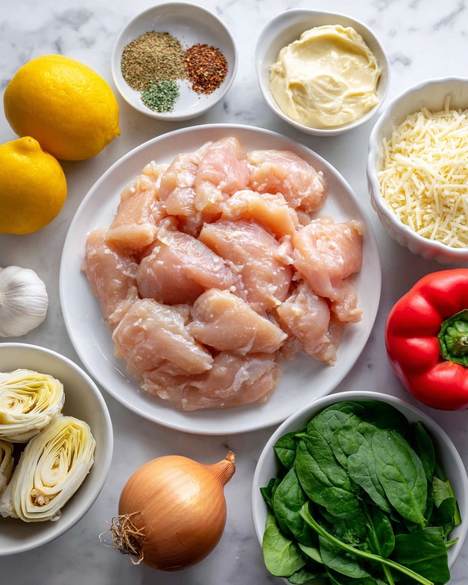 The image shows raw chicken pieces placed on a large white plate in the center. Surrounding the plate, there are separate small white bowls and loose ingredients arranged on a white marbled surface. One small white bowl contains a mix of spices, another holds creamy mayonnaise, and a third bowl has grated parmesan cheese. Fresh green spinach leaves fill a small white bowl on the right side. Near the bottom left, there is a bowl of light-colored artichoke hearts. Whole vegetables and fruits, such as a bright red bell pepper, a yellow lemon, a white garlic bulb, and a round onion with brown skin, are also arranged around the main plate. The overall composition is clean and organized, with ingredients clearly visible and labeled. photo taken with an iphone --ar 4:5 --v 7