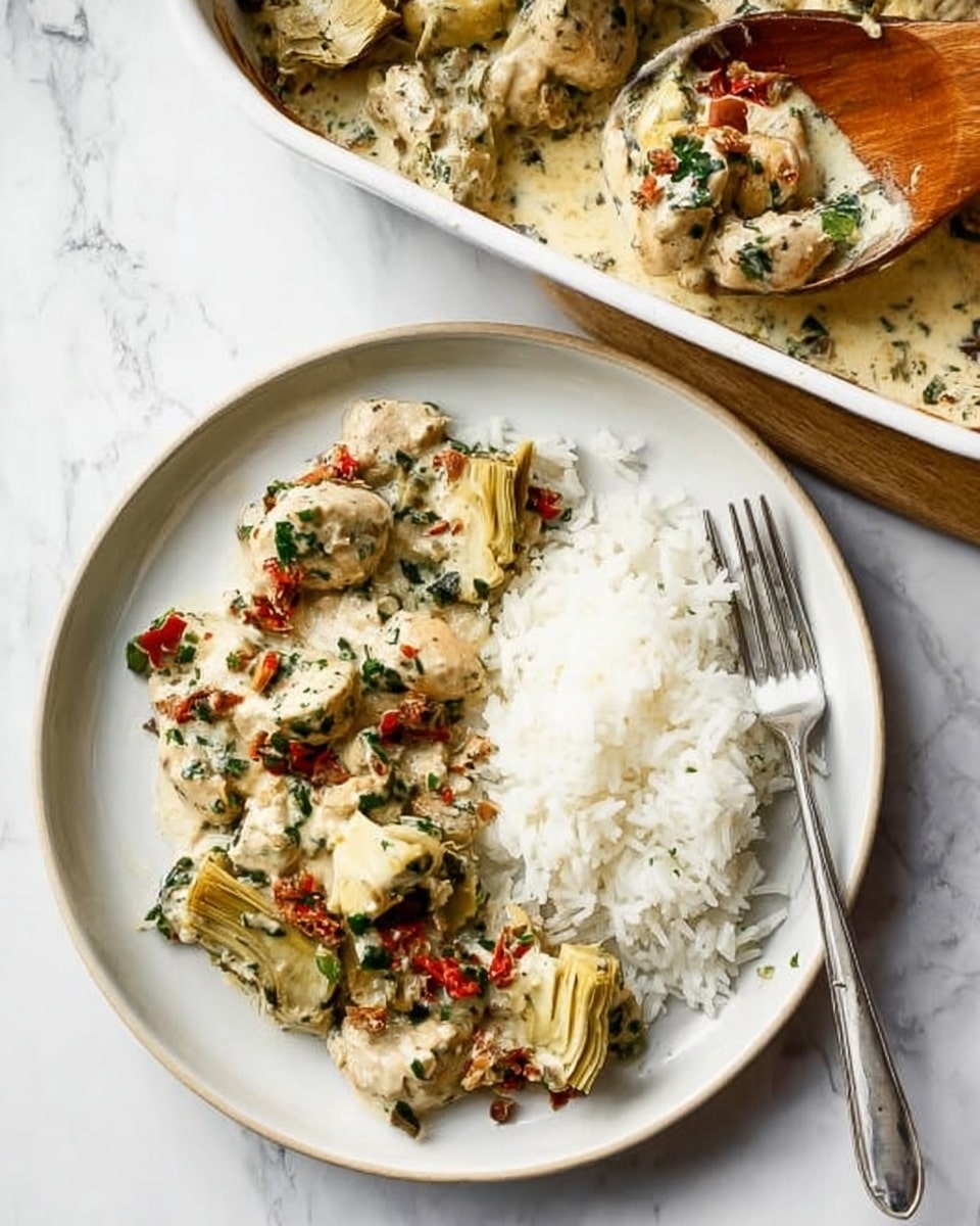 The image shows a white round plate on a white marbled surface. On the left side of the plate, there are several pieces of a creamy dish made with white meat chunks mixed with chopped green herbs, small red pieces, and soft light green artichoke hearts. The sauce covering the meat is creamy and speckled with bits of herbs. On the right side of the plate, there is a neat pile of fluffy white rice with a silver fork resting on the plate's edge. In the background, a white baking dish filled with more of the creamy meat and artichoke mixture is partially visible, with a wooden spoon scooping some of the food and a woman’s hand holding the spoon. The whole setup is on a white marbled countertop, giving a clean, bright look. photo taken with an iphone --ar 4:5 --v 7