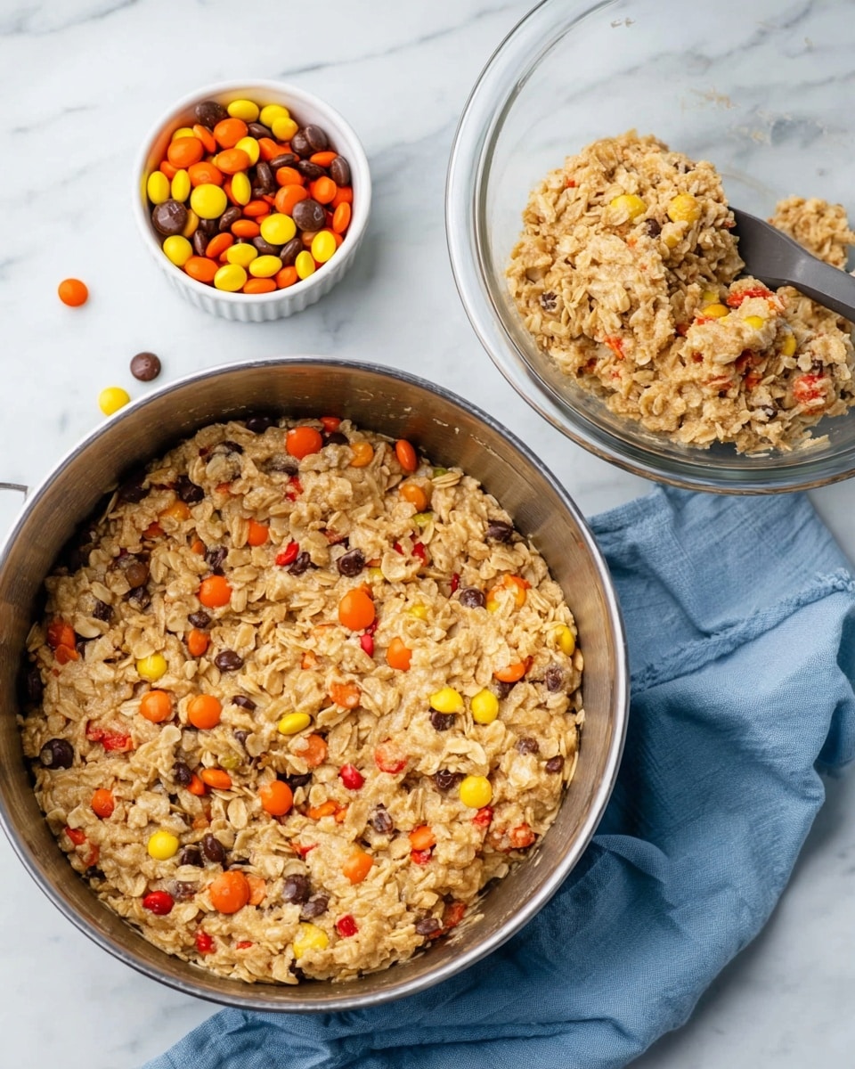 A metal pan filled with a thick, chunky mixture of oats, small pieces of red, orange, and yellow candy-coated chocolates mixed evenly throughout, creating a mostly light brown texture with colorful spots. Next to the pan is a clear glass bowl containing a large scoop of the same oat and candy mixture, showing the clumpy texture clearly. In the upper corner, a small white bowl holds orange, yellow, and brown candy-coated chocolates with some spread loosely on the white marbled surface nearby. A blue cloth lies partially under the pan, adding a soft color contrast. The photo taken with an iphone --ar 4:5 --v 7