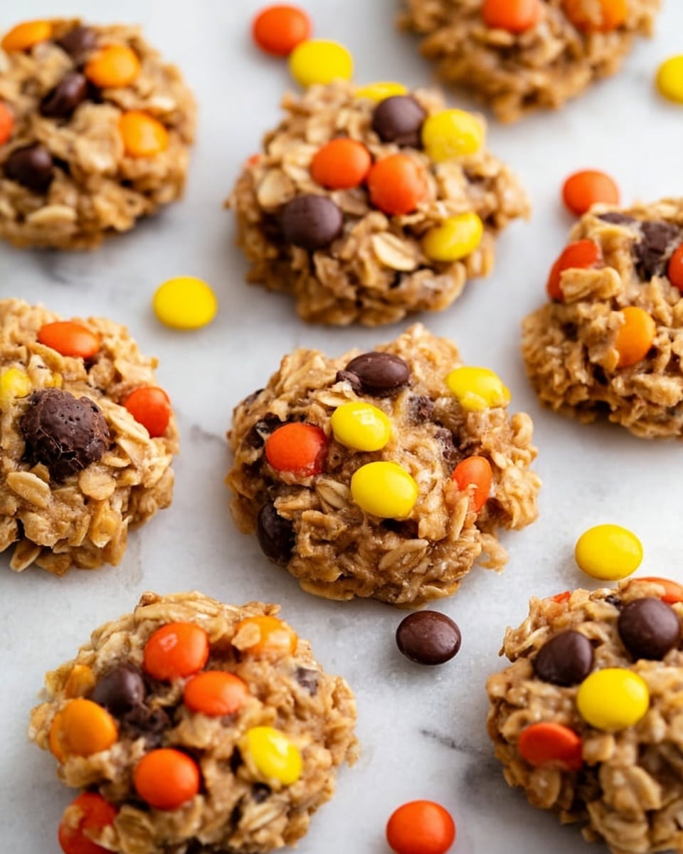 The image shows several round oatmeal clusters each mixed with colorful candy-coated chocolate pieces in bright yellow, orange, and brown. The clusters are bumpy and rough in texture, with oats clearly visible, giving a light tan and beige base color. These clusters are scattered on a white marbled surface with a few loose candy-coated chocolates around them matching the colors inside the clusters. The clusters look moist and chunky, with no plate or bowl visible. Photo taken with an iphone --ar 4:5 --v 7