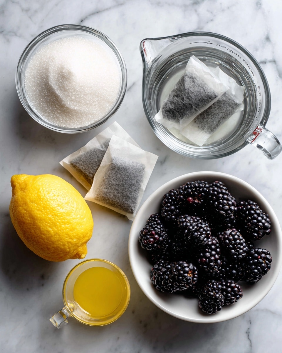 The image shows six ingredients laid out on a white marbled surface. At the top left, there is a clear glass bowl filled with white sugar, next to it on the right is a clear measuring cup with water. Below the sugar, two white tea bags rest side by side. Next to the tea bags on the right are three fresh blackberries, and below them a white bowl filled full of blackberries. To the left of the blackberries is half a lemon with its bright yellow flesh visible, and a small clear cup containing lemon juice sits just above the lemon. The ingredients are spaced evenly and labeled clearly with black text. photo taken with an iphone --ar 4:5 --v 7
