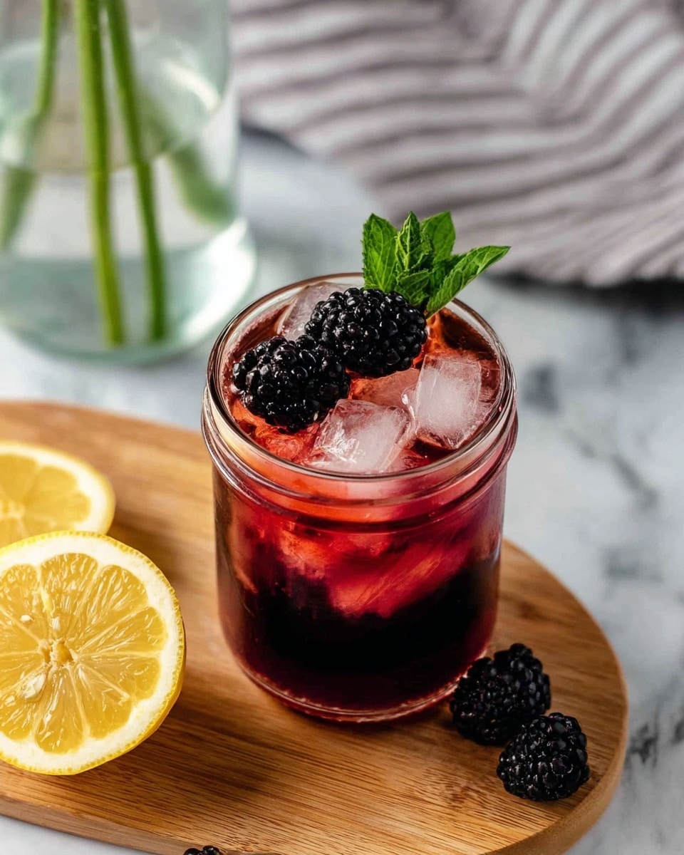A clear glass jar filled with a dark red drink, showing three large ice cubes floating near the top, and three blackberries resting on the surface along with a fresh green mint leaf. The jar sits on a wooden board next to a half lemon slice with visible seeds and segments. Around the board, there are a few loose blackberries. In the background, there is a glass jar with water and a green stem, and a soft, striped gray and white cloth on a white marbled surface. photo taken with an iphone --ar 4:5 --v 7