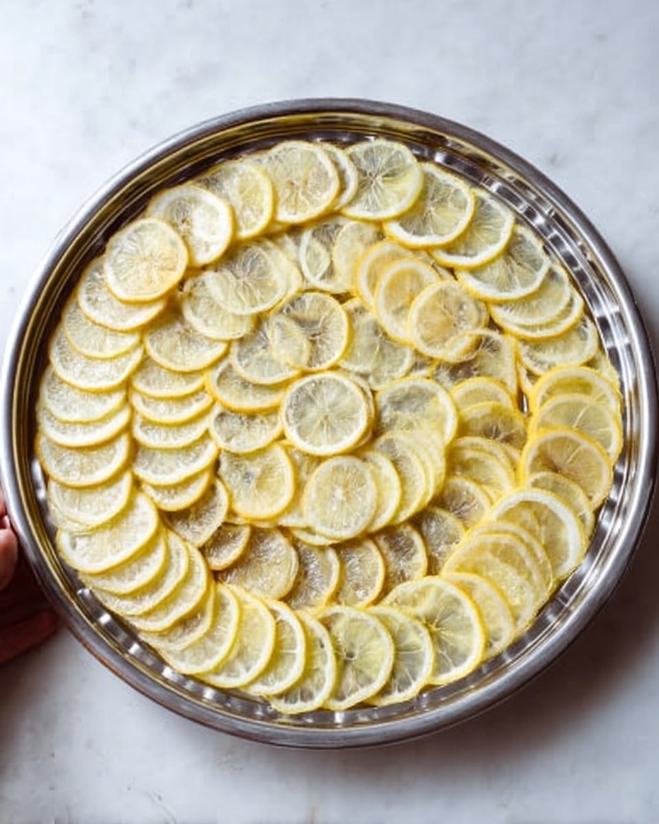 A round metal tray is filled with three layers of thinly sliced lemon pieces arranged in concentric circles. The lemon slices are pale yellow with translucent white centers and a slightly glossy texture. They are laid flat, covering the entire tray from the center to the edge. The surface beneath the tray is white marble. A woman's hand with light skin tone is holding the tray from the bottom left side. Photo taken with an iphone --ar 4:5 --v 7