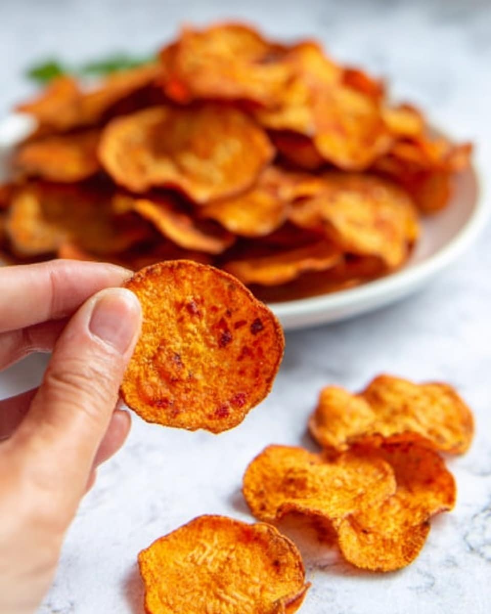 A woman's hand holding a single round sweet potato chip slightly above a pile of more sweet potato chips scattered on a white marbled surface. In the background, a white plate filled with thick, crispy orange sweet potato chips is slightly out of focus. The chips have a rough texture with some darker edges showing crispiness. The overall color is vibrant orange with light brown spots. Photo taken with an iphone --ar 4:5 --v 7