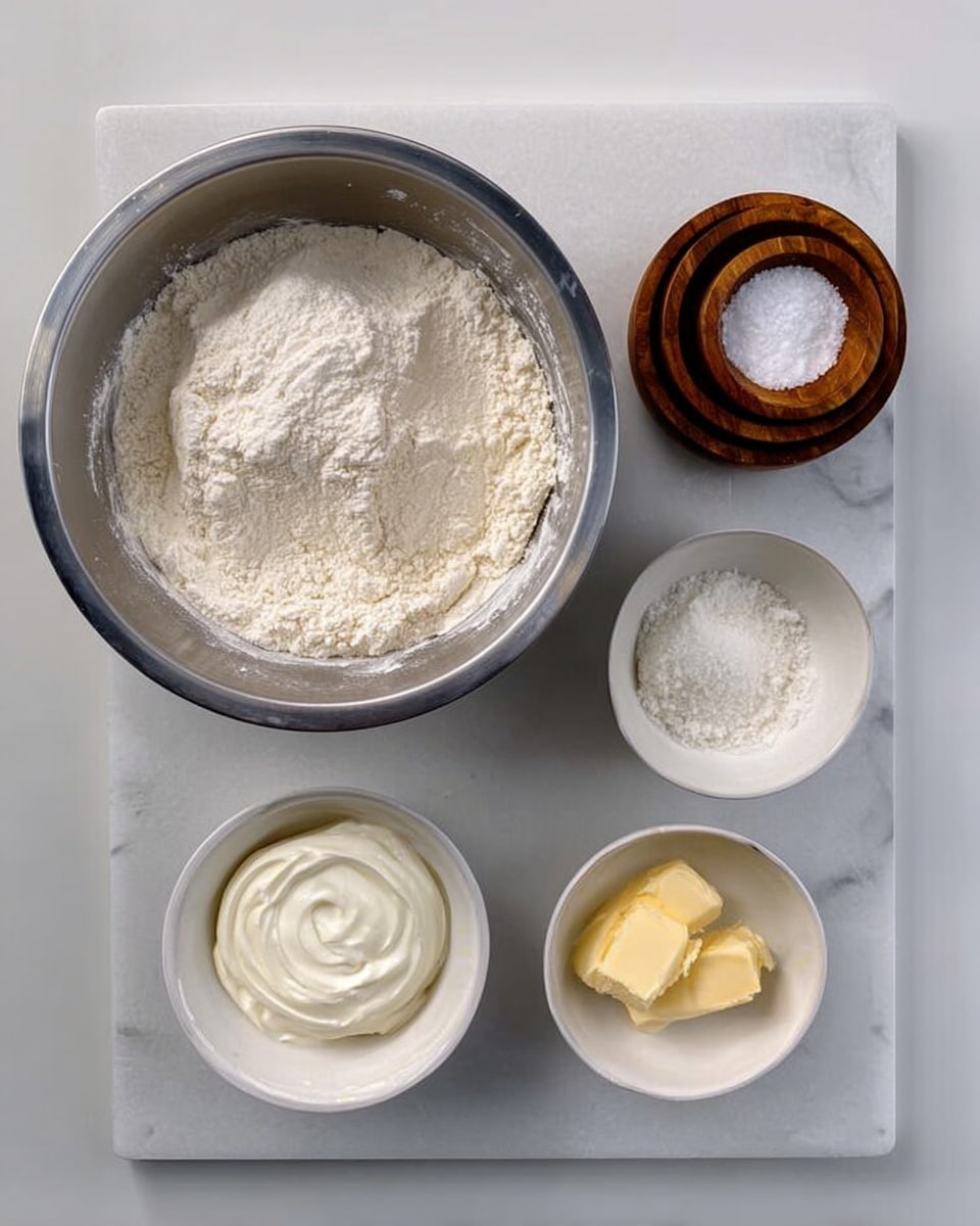 The image shows a white marbled surface with five small white and wooden bowls arranged on it, each containing different ingredients. On the left side, a large silver bowl holds a white flour mixture with a slightly uneven surface. To the right, two small wooden bowls are stacked vertically, the top one containing a white powder and the bottom one holding coarse salt. Next to them, a medium white bowl is filled with thick white cream. Below, another small white bowl contains softened yellow butter, and next to it, a similar white bowl has a fine white granular ingredient. The clean arrangement presents the ingredients clearly, and the photo was taken with an iphone --ar 4:5 --v 7