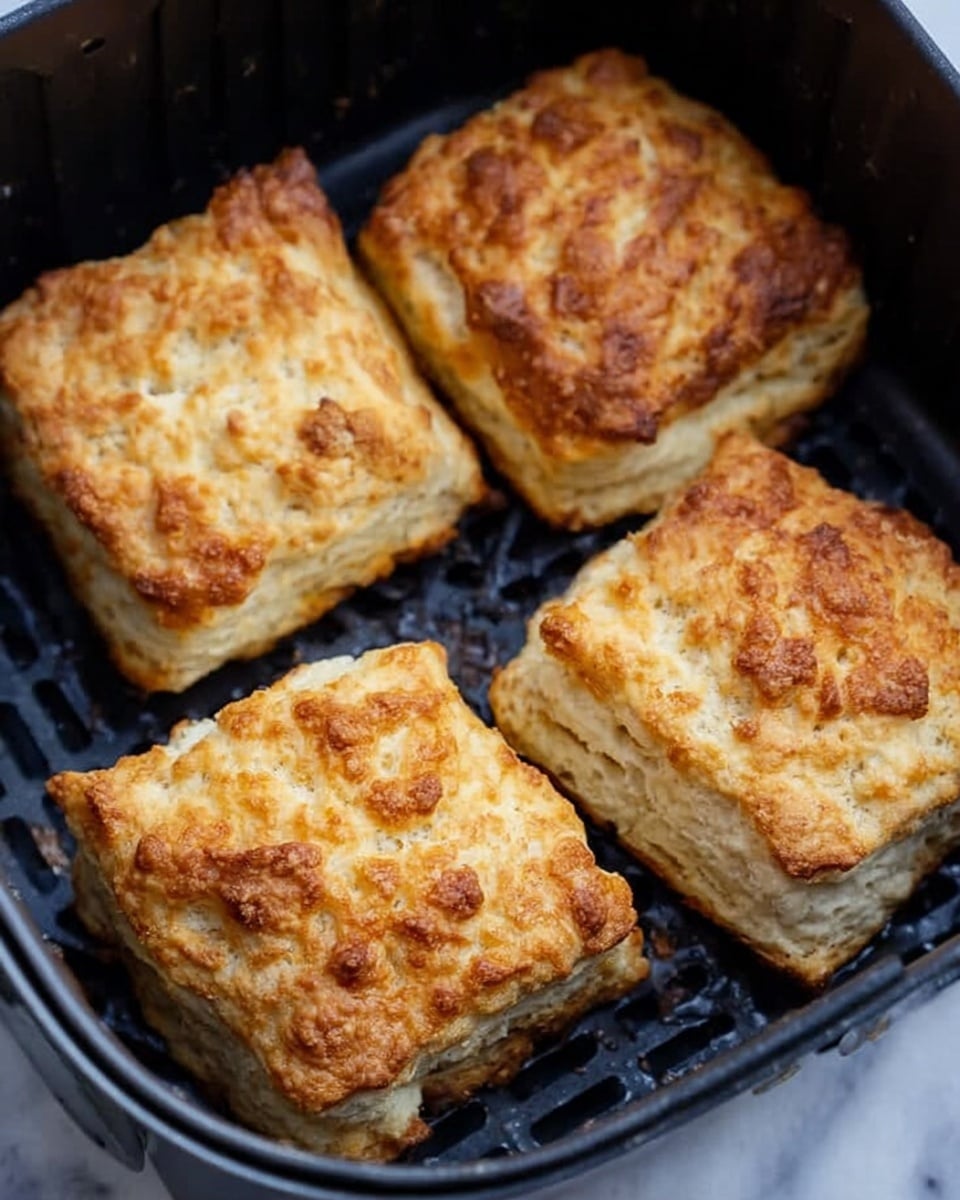 The image shows four golden brown biscuits with a rough, crumbly texture on top, arranged inside a black air fryer basket with small holes on the bottom. Each biscuit has several visible layers, showing a light and fluffy inside with a crispy crust, and they are square-shaped with slightly uneven edges. The surface beneath the basket is a white marbled texture. photo taken with an iphone --ar 4:5 --v 7