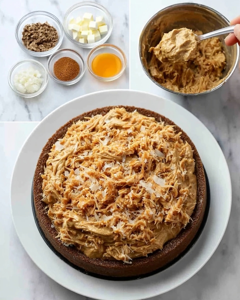 The image shows a layered dessert being prepared on a white marbled surface. At the bottom, there is a dark brown, smooth crust layer on a white plate. On top of this crust, there is a thick, creamy, light brown textured layer that looks like a mixture of shredded ingredients combined with a creamy base. A silver spoon held by a woman’s hand is spreading this creamy mixture evenly over the crust. Above this main scene, there are two smaller images: one shows six small glass bowls arranged in two rows on the white marbled surface, containing different ingredients like shredded white, white cubes, orange liquid, and a few brown powders, and the other shows a metal bowl with a similar creamy shredded mixture inside. Photo taken with an iphone --ar 4:5 --v 7