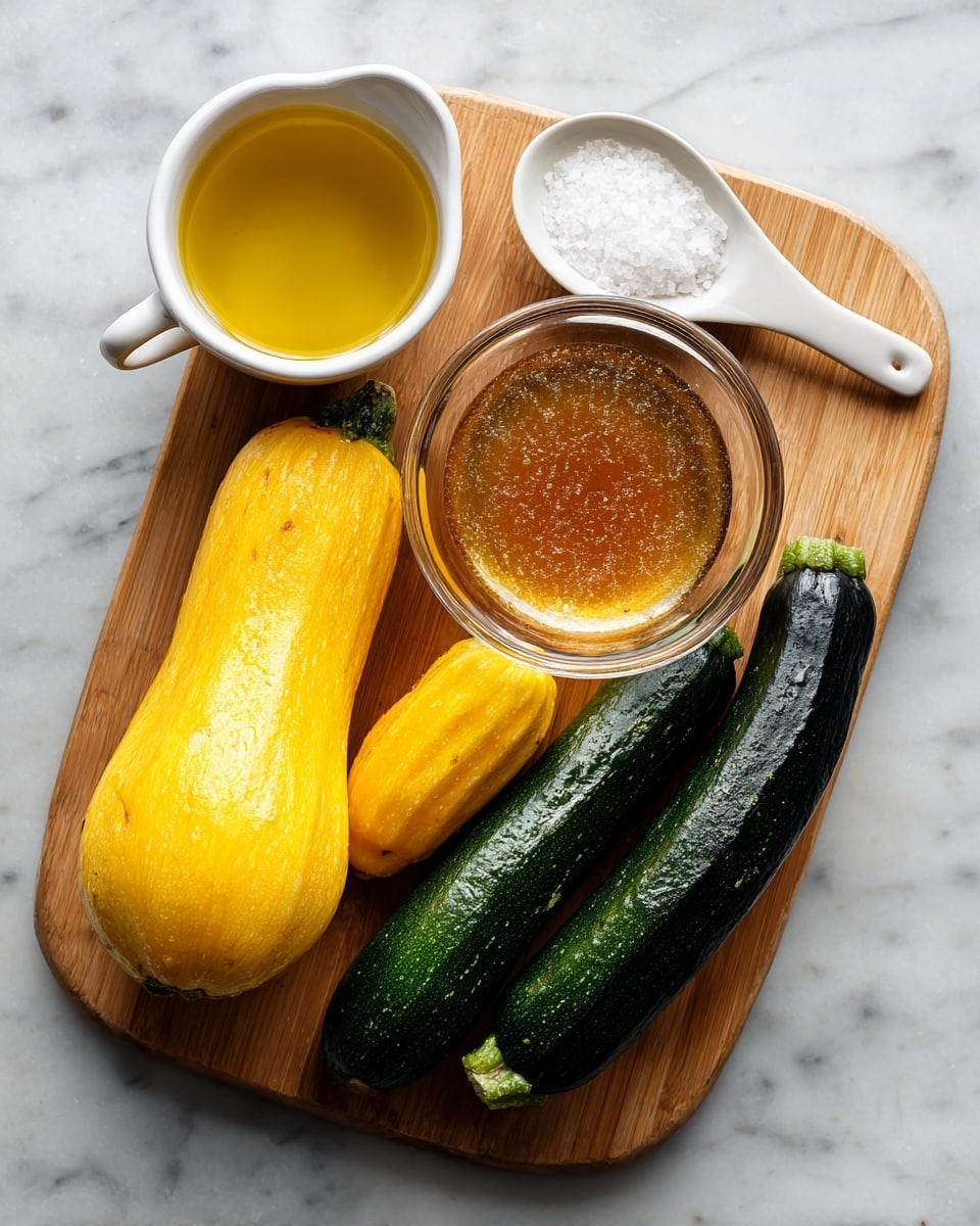 A bamboo cutting board on a white marbled surface holds several items arranged neatly. At the top left corner, a small white cup filled with golden olive oil is placed. To the right, a white spoon contains white salt crystals. In the center of the board, a clear glass bowl is filled with light brown apple cider vinegar. Below the bowl, two whole squashes rest side by side: one bright yellow yellow squash on the left and one dark green zucchini on the right. Each item is spaced out clearly with labels written in black text directly on the image above or next to them. photo taken with an iphone --ar 4:5 --v 7