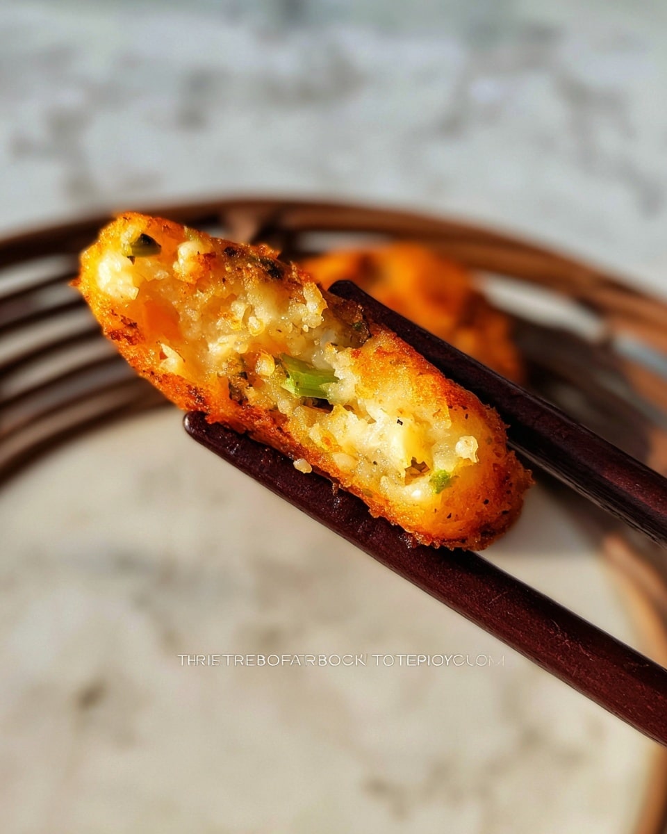 A close-up view of a piece of fried food held by dark brown chopsticks, showing one layer with a golden crispy outside and a soft, light yellow inside with small green bits, all against a white marbled textured background. Photo taken with an iphone --ar 4:5 --v 7