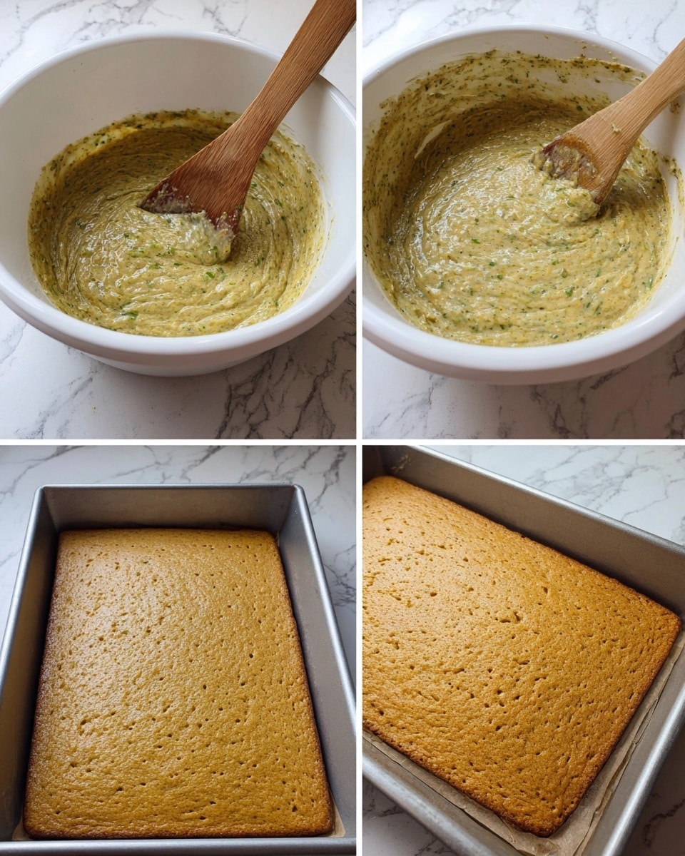 The image is divided into four parts showing the process of making a baked dish. The top-left part shows a white bowl with a thick, greenish-brown batter that has stringy textures, with a wooden spoon inside resting against the bowl's side on a white marbled surface. The top-right part shows the same white bowl but the batter is now thicker, lighter brown with green specks, and the wooden spoon is partially covered in batter. The bottom-left part shows a rectangular metal baking pan filled evenly with the same thick batter on the white marbled surface, with a slightly shiny, wet texture. The bottom-right part shows the baking pan again, now with a golden-brown baked flat cake inside, firm and smooth on top with some tiny holes. The photo was taken with an iphone --ar 4:5 --v 7