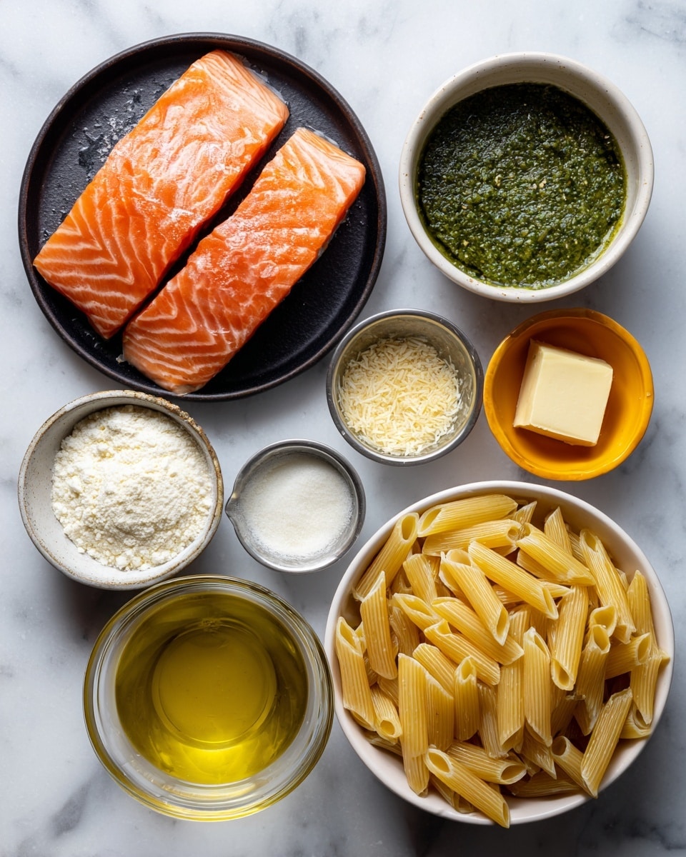 A flat lay view of ingredients arranged on a white marbled surface, including a piece of raw salmon on a black plate in the top left corner, a small yellow bowl with garlic powder near the top right, a metal measuring cup filled with green pesto sauce, a small orange bowl with a square of butter, a small white bowl with olive oil, a white bowl filled with white flour, a clear measuring cup with chicken broth, another clear measuring cup with heavy cream, and a white bowl packed with uncooked penne pasta. Each ingredient stands alone in its own container, neatly spread out and clearly labeled. Photo taken with an iphone --ar 4:5 --v 7