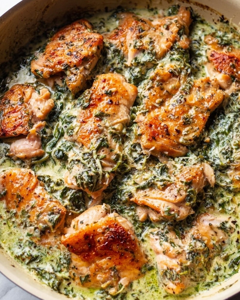 The image shows pieces of cooked chicken with golden brown skin sitting in a creamy green sauce that looks like it has spinach or herbs. The chicken pieces are uneven shapes and layered all over the pan, with some tender looking chicken meat showing. The creamy sauce is rich and covers the chicken well, with a slightly glossy texture. The pan has a soft white marbled surface underneath. photo taken with an iphone --ar 4:5 --v 7