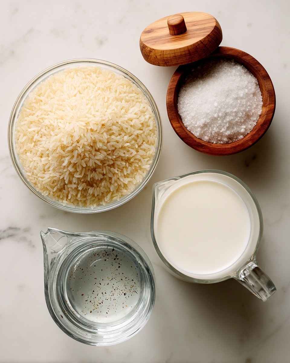 The image shows four ingredients on a white marbled surface: a clear glass bowl filled with pale yellow jasmine rice at the top left, a small wooden salt container with the lid open revealing white salt at the top right, a white bowl containing clear water with a few black specks at the bottom left, and a transparent measuring cup filled with smooth white canned Thai-style unsweetened coconut milk at the bottom right. Each item is labeled with simple black text on white backgrounds positioned near their respective containers. Photo taken with an iphone --ar 4:5 --v 7