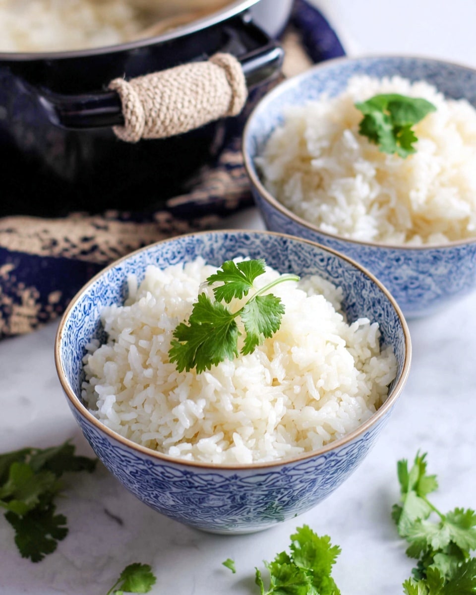 The image shows two white bowls with blue patterns filled with fluffy white rice. The rice looks soft and steamy with a few fresh green cilantro leaves placed on top of the bowl in the front. The bowls are placed on a white marbled surface with scattered cilantro leaves around them. Behind the bowls, there is a dark cooking pot with a navy blue and beige patterned cloth wrapped around its handle. The photo has a bright and clean look with soft natural light. photo taken with an iphone --ar 4:5 --v 7