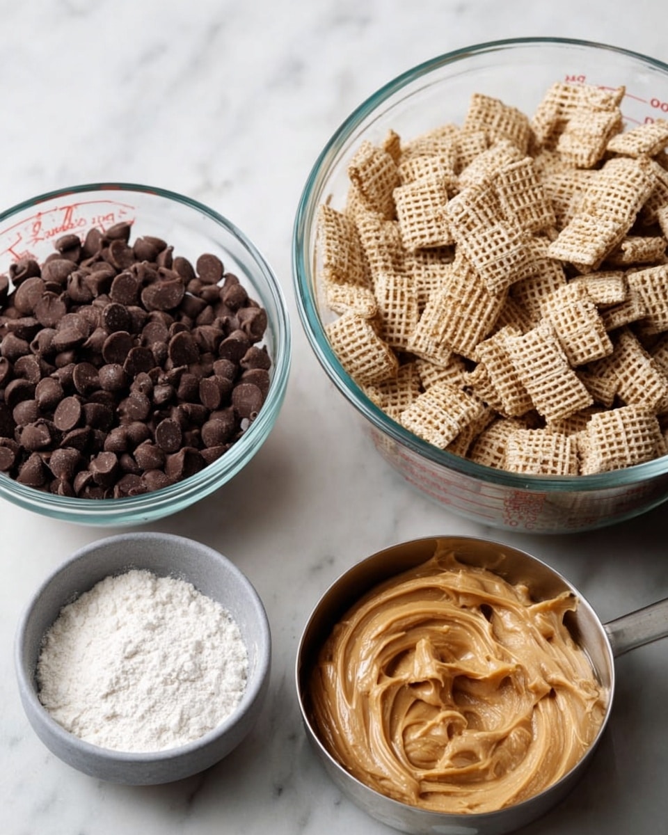 The image shows four ingredients on a white marbled surface. On the top left, there is a clear glass measuring cup filled with dark brown chocolate chips. To the right of it, there is a larger clear glass measuring cup filled with light brown square cereal pieces that have a woven texture. Below the chocolate chips, there is a small gray bowl filled with fine white powder. At the bottom right, there is a metal measuring cup filled with smooth, light brown peanut butter with slight swirls on the surface. photo taken with an iphone --ar 4:5 --v 7