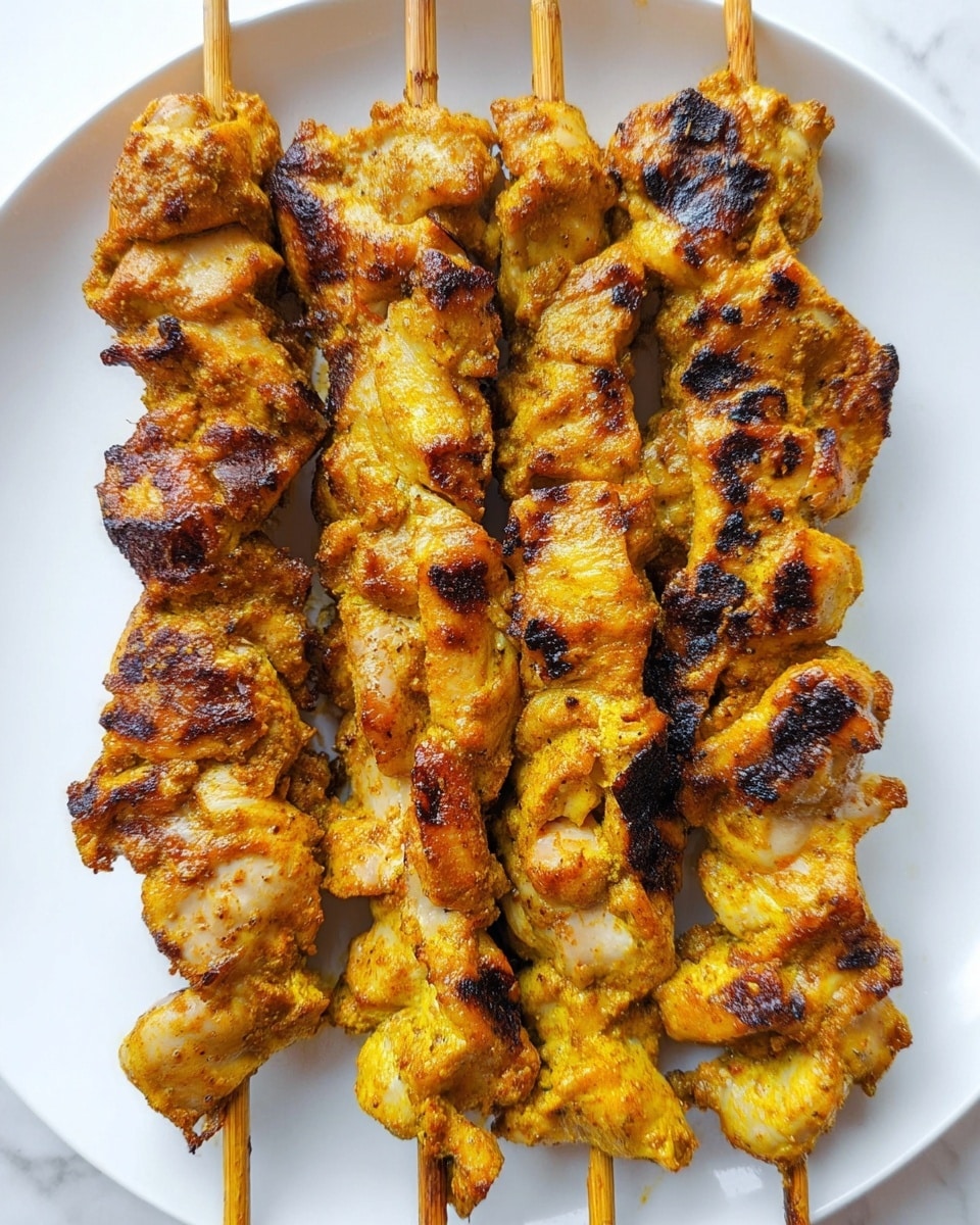 Four grilled skewers with golden-brown chunks of chicken arranged side by side on a white plate, showing a mix of lightly charred and juicy pieces with some darker grill marks. The chicken is coated with a yellowish spice mix and looks tender with slightly crispy edges. The skewers are laid out vertically against a white marbled background. photo taken with an iphone --ar 4:5 --v 7