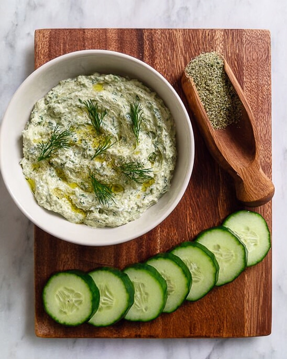 A white bowl filled with a creamy, light green dip that has a rough texture and is topped with small sprigs of fresh dill and a drizzle of olive oil, sitting on the left side of a wooden board. To the right of the bowl, there is a neat row of seven cucumber slices, each light green with visible seeds. On the far right of the board, there is a wooden scoop filled with a coarse green seasoning mix. The board is placed on a white marbled surface. photo taken with an iphone --ar 4:5 --v 7