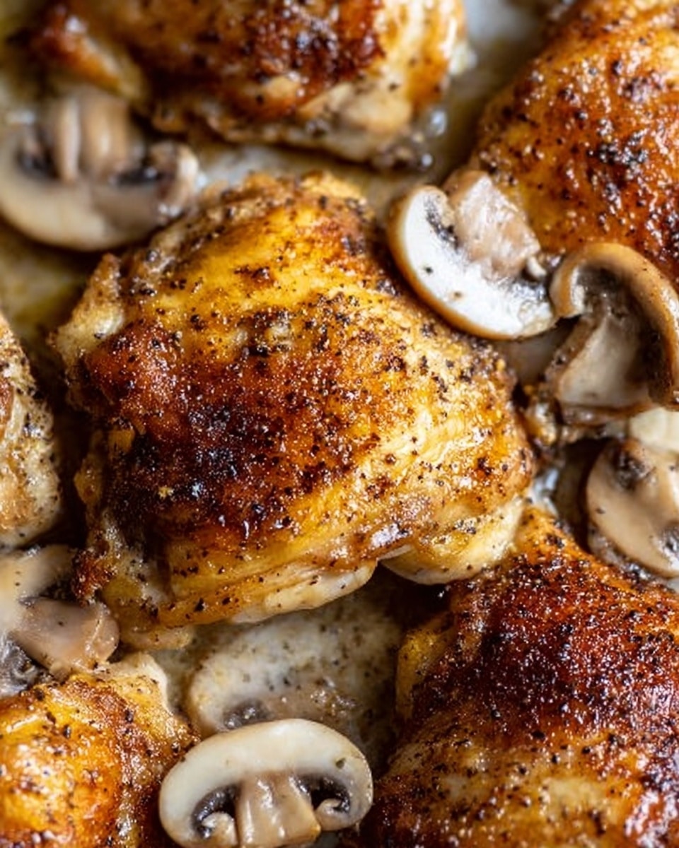 The image shows a close-up view of several cooked chicken thighs with a golden brown, crispy skin that has specks of black pepper. Among the chicken pieces, there are sliced white mushrooms with smooth tops and light brown gills. The pieces are layered closely together on a white marbled surface, making the textures of the juicy chicken and tender mushrooms clearly visible. photo taken with an iphone --ar 4:5 --v 7