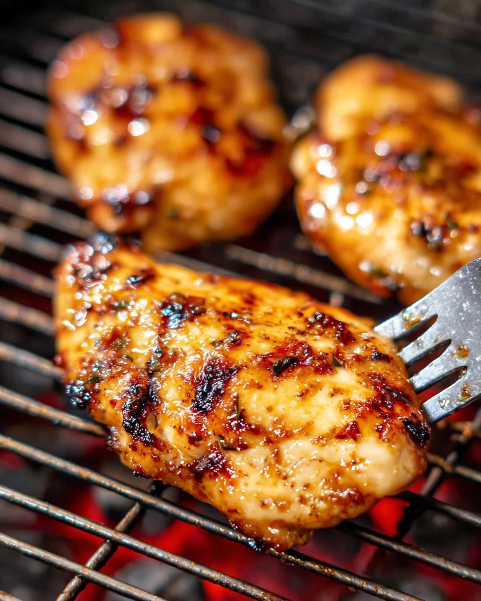 The image shows several pieces of chicken with a golden-brown color and charred spots cooking on a metal grill over red-hot charcoal. The chicken pieces have a shiny, slightly oily texture, with visible grill marks and darkened edges from the heat. A metal spatula is seen on the right, lifting one piece of chicken. The background is blurred, focusing on the close-up view of the juicy grilled chicken with a crispy exterior. Photo taken with an iphone --ar 4:5 --v 7