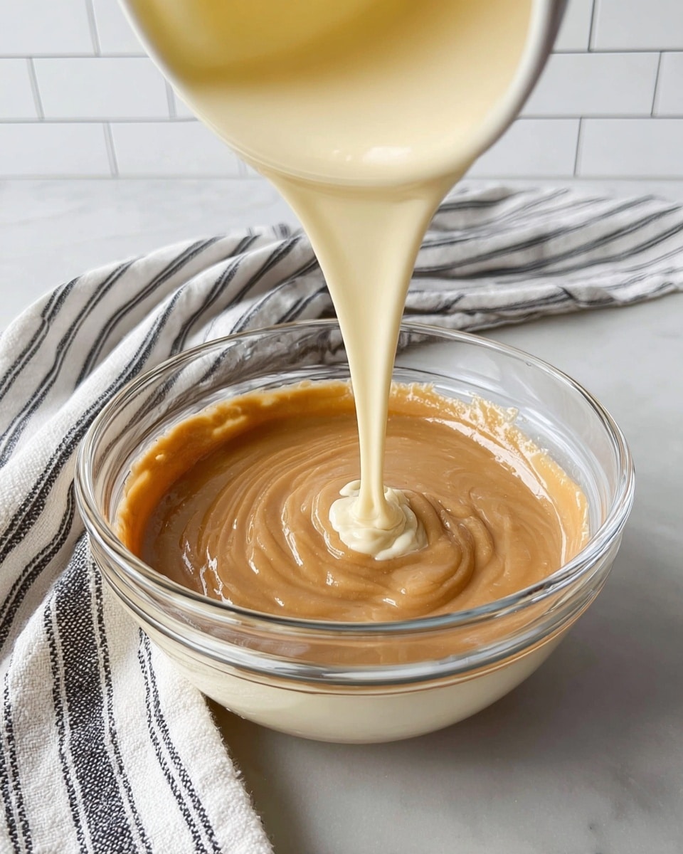In a clear glass bowl on a white marbled surface, there are two thick layers of creamy substances. The bottom layer is a smooth, light brown spread with a glossy texture, while the top layer is a pale yellow liquid being poured in a steady stream, swirling gently onto the brown base. A white cloth with black stripes lies casually behind the bowl. The background shows white tiled walls. photo taken with an iphone --ar 4:5 --v 7