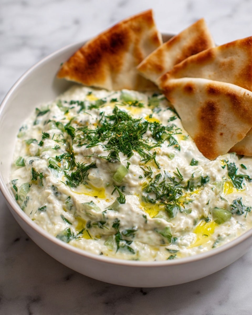 A white bowl filled with creamy white tzatziki sauce mixed with finely chopped green herbs and small pieces of cucumber, with a few drops of golden olive oil drizzled on top and sprinkled with fresh green dill. On one side of the bowl, pieces of toasted pita bread with light golden-brown spots rest partially dipped in the sauce. The bowl is placed on a white marbled surface. photo taken with an iphone --ar 4:5 --v 7
