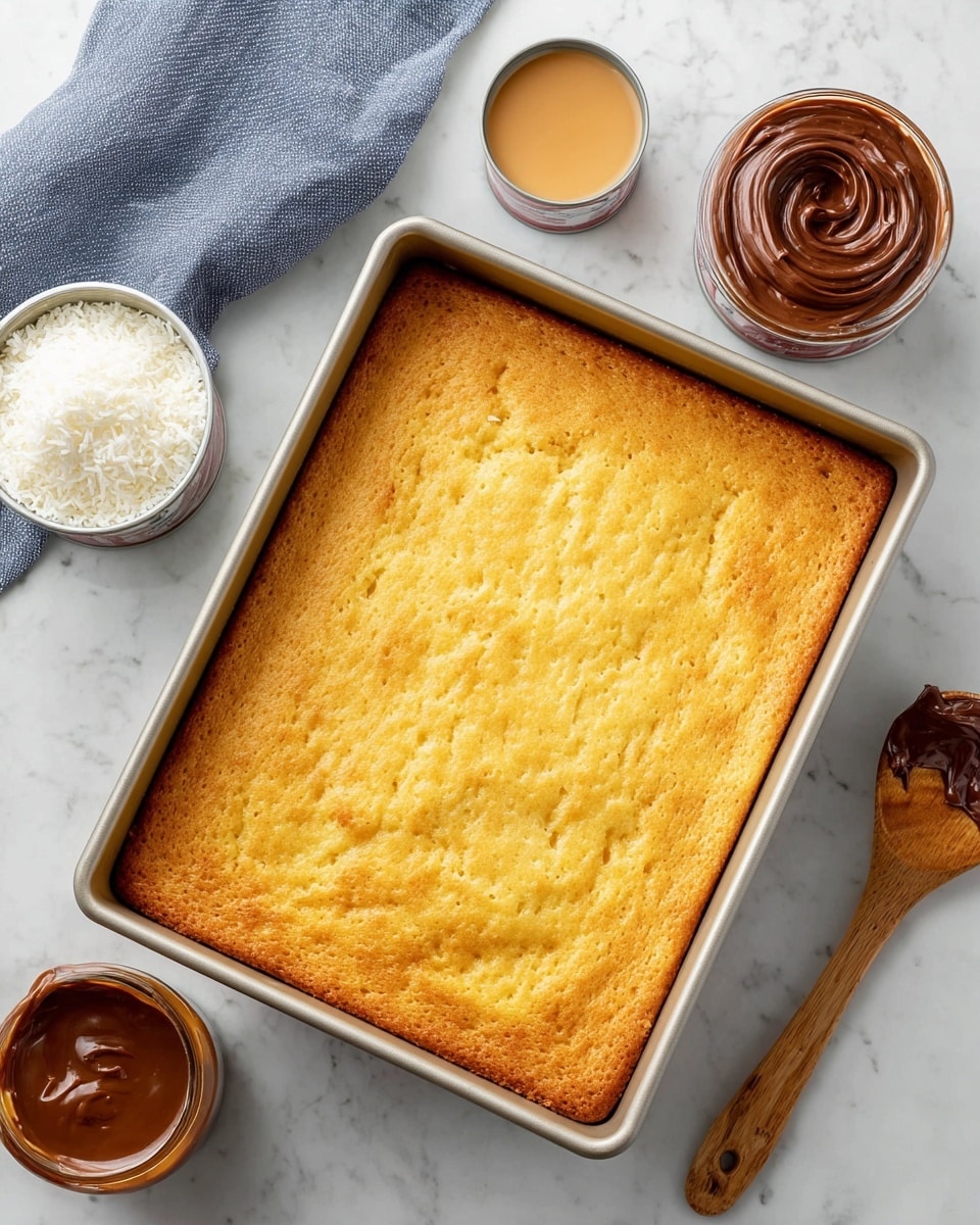 A rectangular golden yellow cake with a soft, slightly bumpy texture fills a silver baking pan placed on a white marbled surface; nearby are a cup of shredded white coconut, a can of pale condensed milk, an open jar of caramel-colored sauce, and an open container of smooth chocolate spread showing a swirl pattern, along with a wooden spoon on the right side and a folded grey-blue cloth on the top left corner. photo taken with an iphone --ar 4:5 --v 7