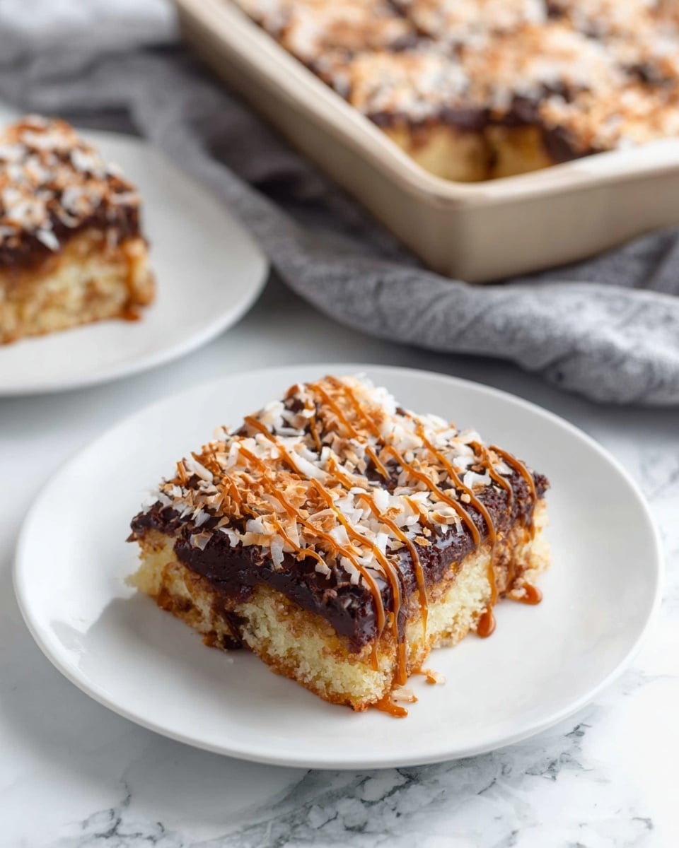 A square slice of dessert with three visible layers sits centered on a white plate on a white marbled surface; the bottom layer is a light golden cake, the middle layer is coated with a thick, rich, dark chocolate topping, and the top layer is sprinkled with white toasted coconut flakes and drizzled with caramel sauce in thin lines. In the background, there is another white plate with a similar dessert piece and a beige baking pan filled with the same dessert, partially covered by a gray cloth, all placed on the white marbled surface. Photo taken with an iphone --ar 4:5 --v 7