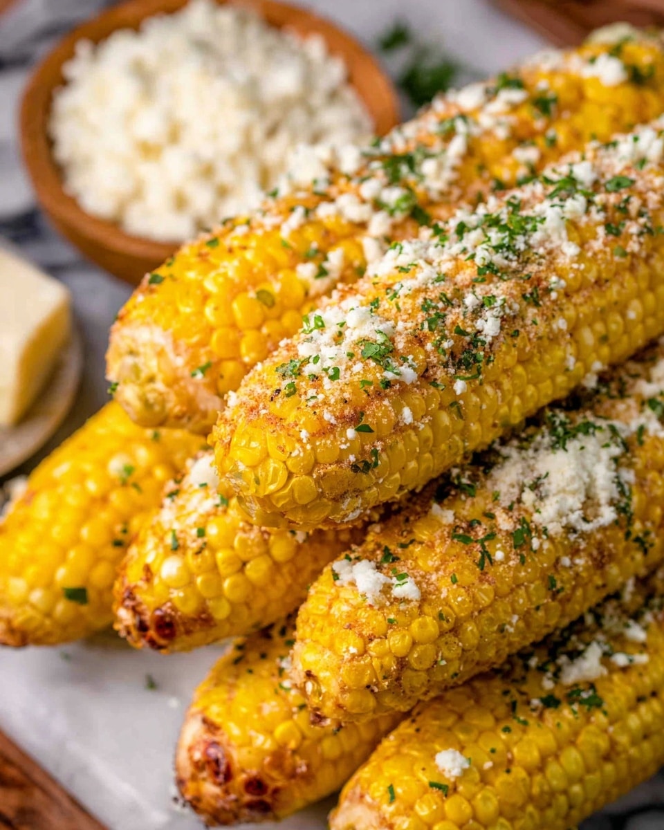 The image shows several ears of yellow corn stacked closely together on a white marbled surface. Each ear is covered with a sprinkling of white crumbly cheese and green chopped herbs, giving a fresh and flavorful look. The corn kernels are plump and glossy, and the cheese and herbs add a textured contrast on the surface. In the background, there is a small white bowl filled with more white crumbly cheese, slightly blurred to keep the focus on the corn. photo taken with an iphone --ar 4:5 --v 7