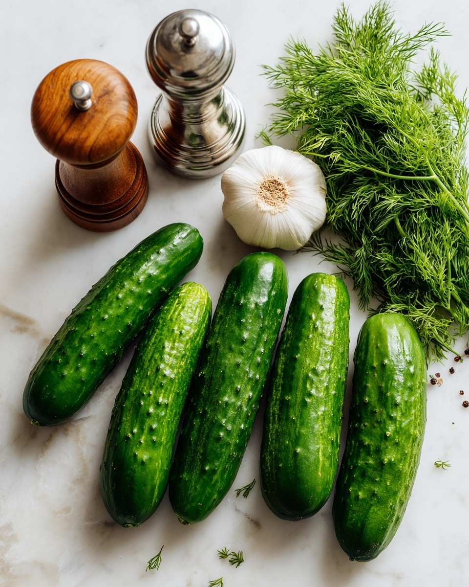 The image shows six bright green cucumbers with a smooth texture spread out on a white marbled surface next to a small round wooden salt and pepper container with a lid and a tall silver pepper grinder. There is a whole garlic bulb with a white and papery skin placed near a bunch of fresh green dill with delicate, feathery leaves. The items are arranged neatly with labels naming each ingredient, and the overall scene looks fresh and clean. Photo taken with an iphone --ar 4:5 --v 7