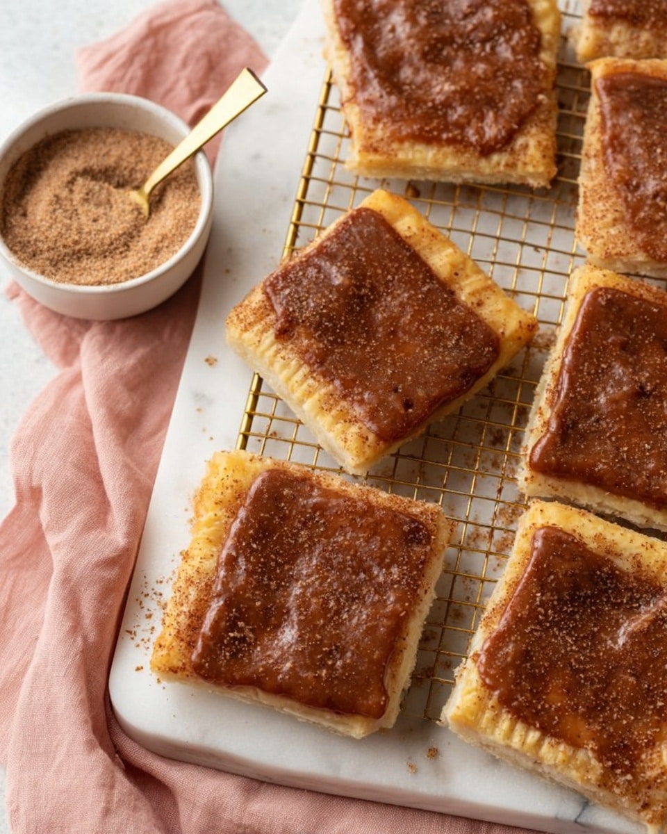 There are several square pastry pieces arranged on a white marbled texture with a cooling rack underneath. Each pastry has two layers: a slightly pale golden base layer with a soft, flaky texture and a thicker, glossy brown icing layer on top, sprinkled lightly with cinnamon sugar. The edges of each pastry show fork marks pressing the two layers together. A white bowl full of cinnamon sugar with a gold spoon is placed near the pastries at the bottom left corner. A pale pink cloth is slightly visible under the cooling rack. Photo taken with an iphone --ar 4:5 --v 7