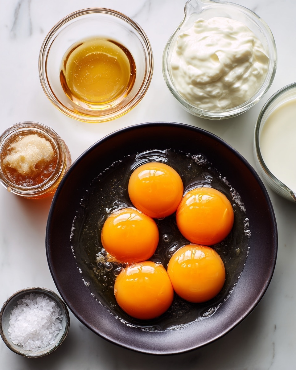 A top view of a dark bowl filled with five bright, glossy orange egg yolks placed on a white marbled surface. Above the bowl, a clear glass jug holds smooth, white double cream. Below and to the right, another clear glass jug contains creamy whole milk. To the left of the egg yolks, a small glass bowl is filled with golden, translucent honey. Next to it, a small jar of vanilla bean paste with a beige label is slightly tilted. At the bottom left corner, a tiny glass bowl holds coarse white sea salt. The items are arranged neatly and lit softly, highlighting the vibrant colors and smooth textures. photo taken with an iphone --ar 4:5 --v 7