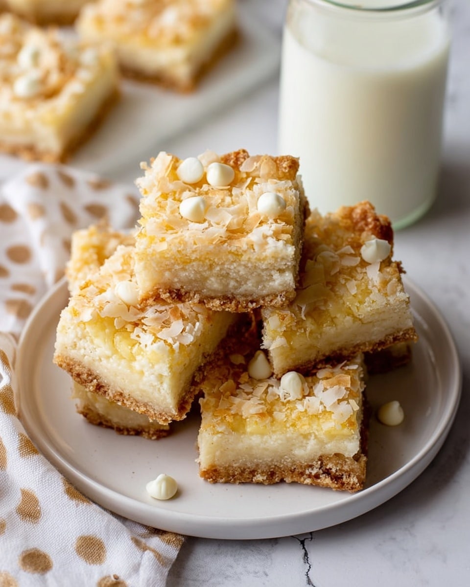 The image shows a white plate with six stacked dessert squares. Each square has three visible layers: a light golden brown crust at the bottom with a slightly crunchy texture, a creamy pale yellow filling in the middle with a soft and smooth look, and a topping of white coconut flakes mixed with small white chocolate chips scattered unevenly. The edges of the squares are slightly browned, showing a baked texture. The plate rests on a white marbled surface with a polka-dotted cloth nearby, and a clear glass jar of creamy white milk is in the background. Photo taken with an iphone --ar 4:5 --v 7