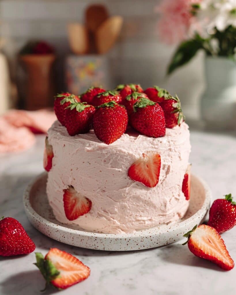 Strawberry Chocolate Cake with Strawberry Cream Cheese Frosting and Jam Filling Recipe
