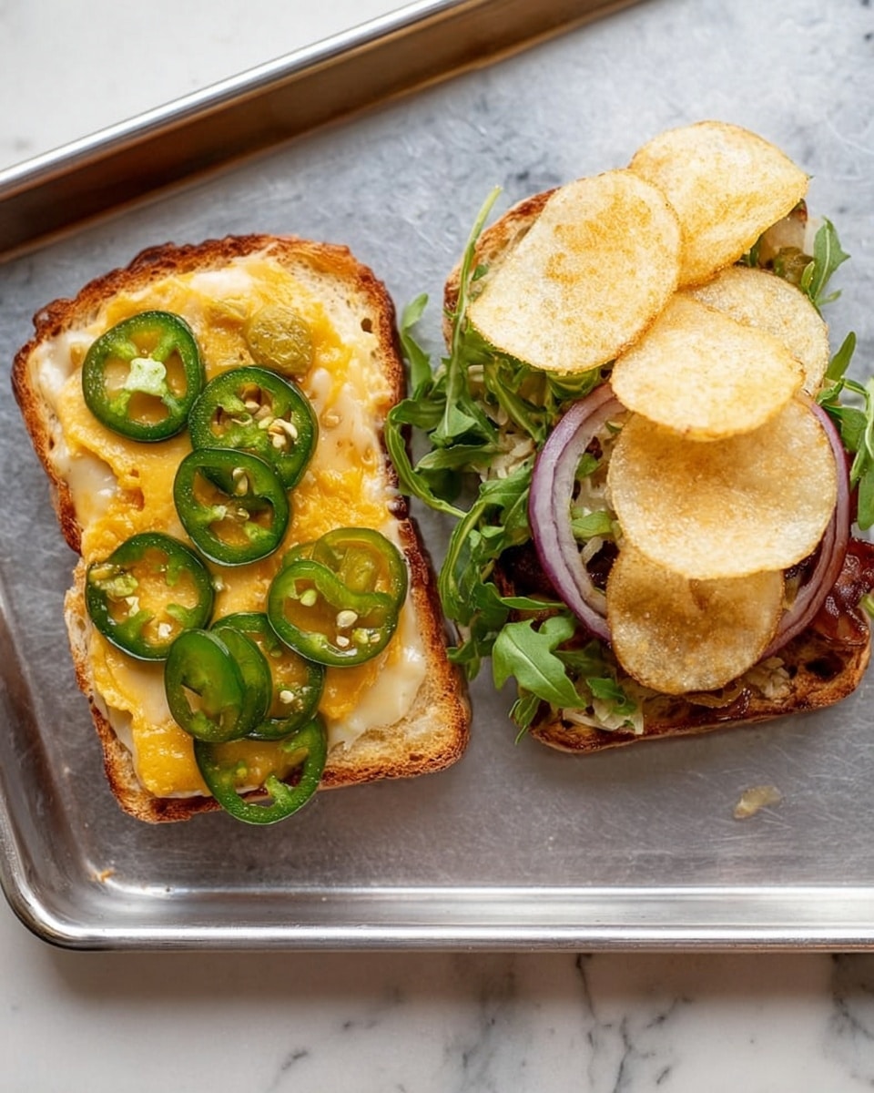 The image shows an open sandwich on a metal tray against a white marbled background. The sandwich has two slices of toasted bread, each with different toppings. The left slice has a layer of melted yellow cheese, topped with several round green jalapeño slices. The right slice has a base layer of light-colored meat, followed by a few thin red onion rings, fresh green arugula leaves, several round, light golden crispy potato chips stacked closely on top. The sandwich ingredients are clearly visible with a casual, fresh look. Photo taken with an iphone --ar 4:5 --v 7