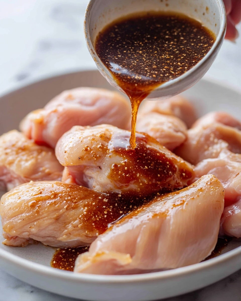 The image shows a close-up of raw chicken pieces on a white marbled surface. There are several chicken pieces, each light pink with a smooth texture. Dark brown sauce is being poured over one chicken piece from a small cup held by a woman's hand just above the chicken. The sauce is thick and glossy, spreading over the chicken and pooling slightly below it. The colors range from soft pink of the chicken to rich brown of the sauce, with tiny bubbles visible in the sauce. photo taken with an iphone --ar 4:5 --v 7