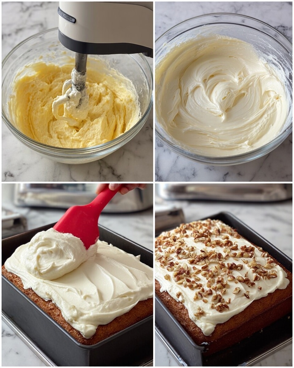 The image shows four steps of making a creamy frosting and spreading it on a cake in a rectangular black pan, all set on a white marbled surface. The first step has a mixer mixing a yellow creamy mixture in a clear glass bowl. The second step shows a close-up of the mixer blending a smooth white frosting in the same clear glass bowl. In the third step, a woman's hand holds a red spatula spreading the thick smooth white frosting over a golden-brown cake inside the pan. The last step displays the frosted cake fully covered with white frosting and sprinkled with small chopped brown nuts on top. Photo taken with an iphone --ar 4:5 --v 7