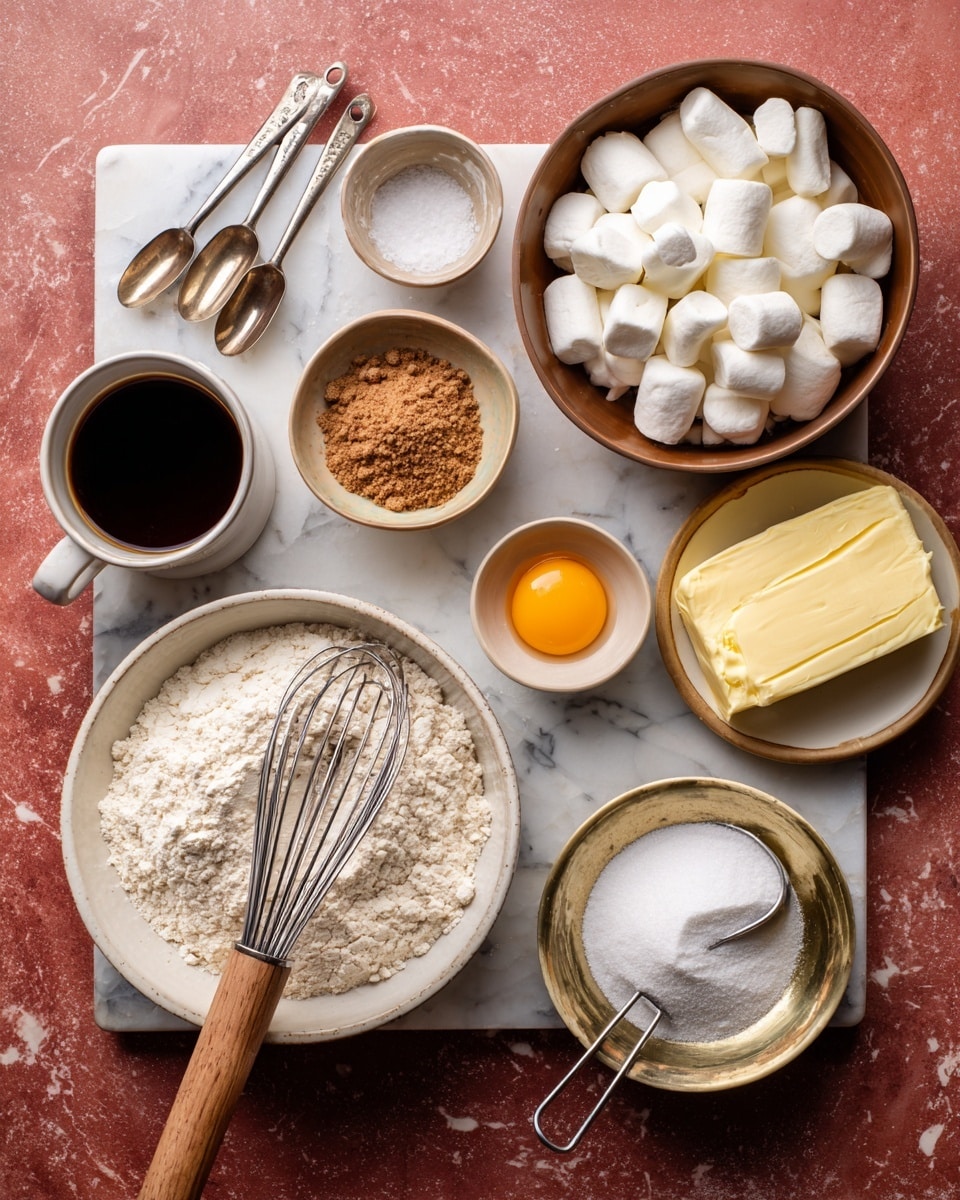 The image shows an overhead view of baking ingredients neatly arranged on a white marbled surface. Starting from the top right corner and moving clockwise, there is a brown bowl filled with small white marshmallows, a partially unwrapped stick of yellow butter on white paper, a beige bowl filled with flour, and a large white plate with a metal whisk that has a wooden handle resting on it. Toward the top center, there is a small beige bowl with packed brown sugar, a small bowl with a raw egg yolk, and a tiny dish of salt. At the top left, there is a small white cup of dark liquid, likely coffee or vanilla extract, next to two silver measuring spoons with wooden handles. Below these is a small gold bowl holding granulated white sugar and a vintage sifter attached to it. The red textured background contrasts with the white marbled surface holding the ingredients, giving the setup a warm and inviting look. Photo taken with an iphone --ar 4:5 --v 7